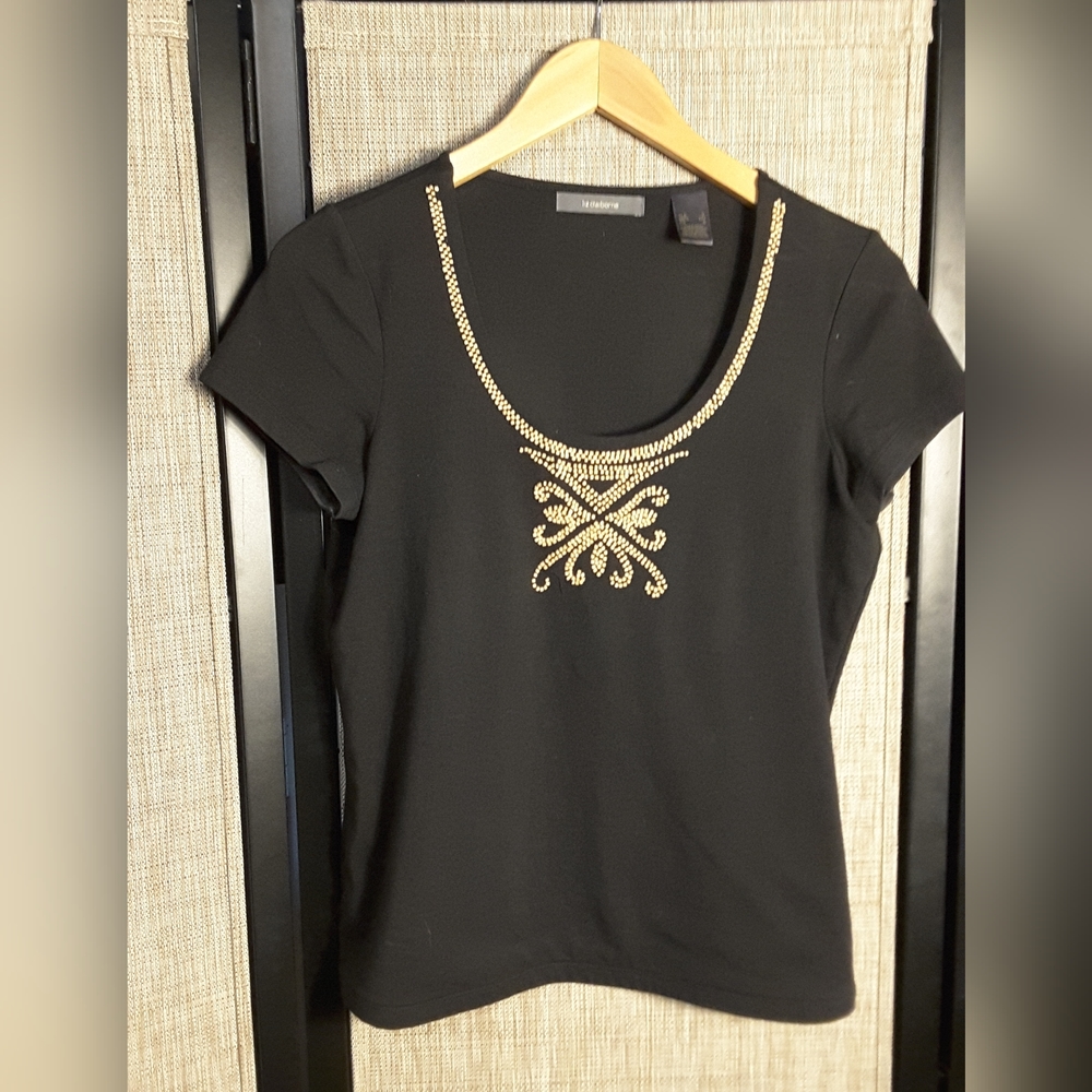 Liz Claiborne Stretch Cotton Knit Top Black with Beads Size Small